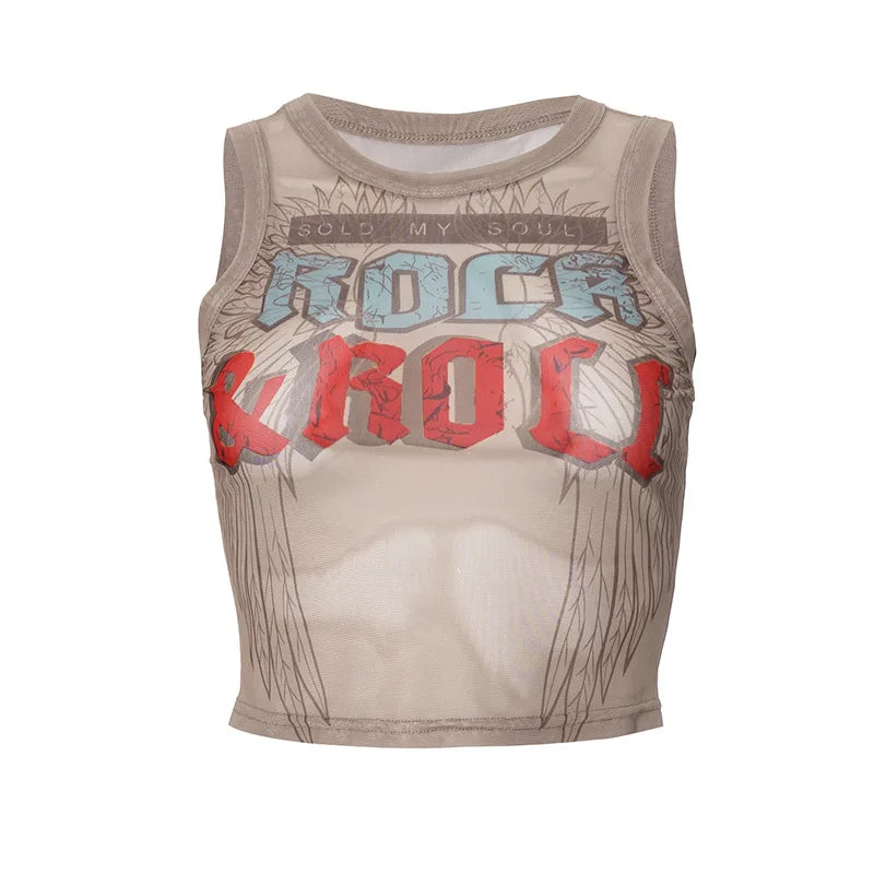 HLJ&GG Y2K Fashion Mesh Letter Printing Tank Top 3 Piece Sets Women Sleeveless Slim Vest And Denim Shorts Outfit With Chain 2025