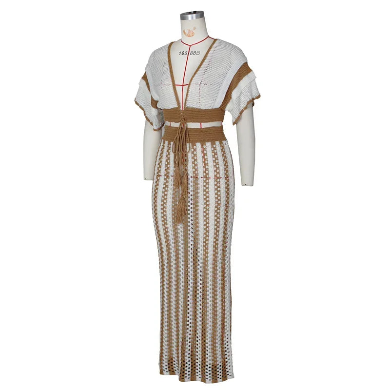 Striped Knitted Two Piece Set Women Outfit Y2K Clothes Clubwear Party Hollow Out V-neck Crop Top and Long Skirt Maxi Dress Sets