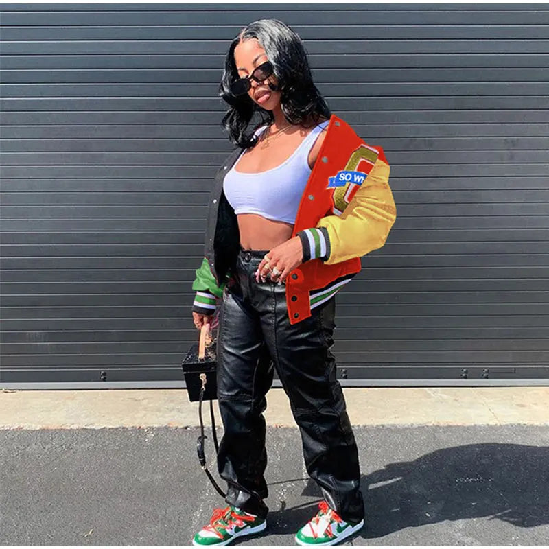 Women Patchwork Contrast Color Letter Embroidery Jackets 2025 Fashion Single Breasted Coat Female Full Sleeve Streetwear XS-4XL