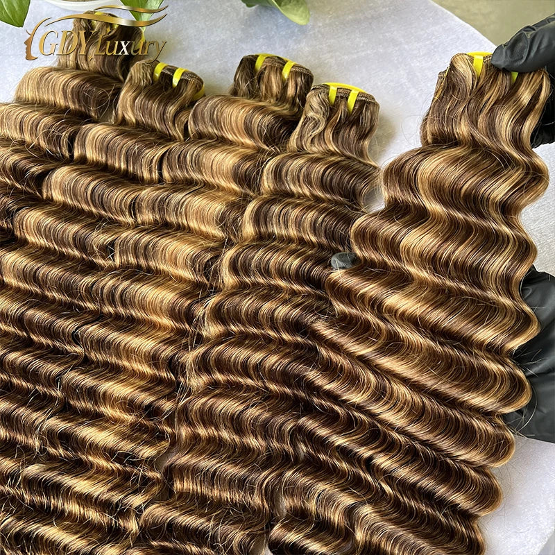 Raw P4/27 Highlight Deep Wave Bundles Ombre Brown Curly Human Hair Bundle Vietnamese Virgin hair 100% Human Hair Extensions