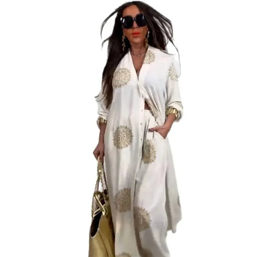 Eid Muslim Suits Women Print Blouses Wide Leg Pants Set Two Piece Musulman Ensemble Dubai Arabic Morocco Islam Casual Ramadan