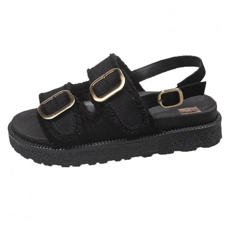 Women Sandals Classic Denim Canvas Sandals Fashion Metal Belt Buckle Design Sandals Summer Open-toe Beach Sandal Sandalias Mujer
