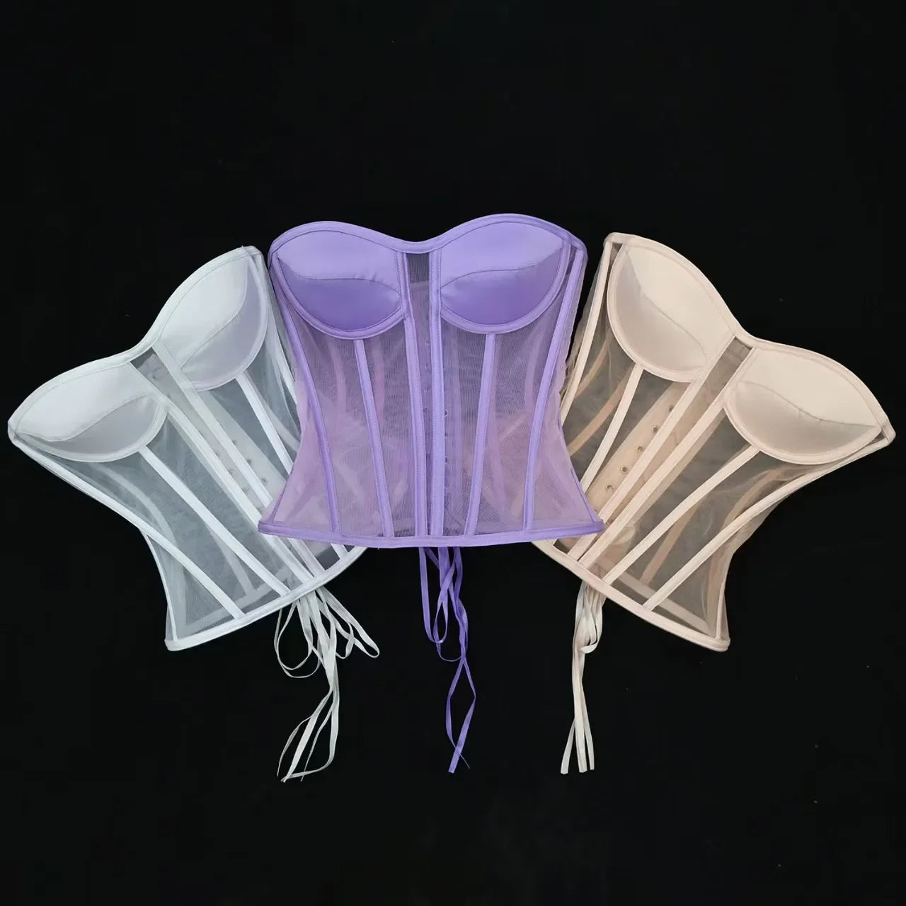 Women Corset Bustier With Bra Transparent Mesh Bodices For Wedding Body Shaper Slimm Waist Lace Up Boned Strapless Tube Tops