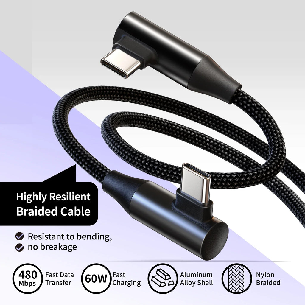 USB-C to Type-C 60W 3A Fast Charging Cable, 90° Angled Design, Nylon Braided. For Type-C phones/tablets/headphones. 25cm/50cm/1m