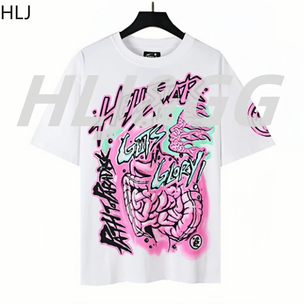 HLJ Trend American Retro Print Tshirts Two Piece Sets Women O Neck Short Sleeve Loose Top+Skinny Pants Outfit Fashion Streetwear