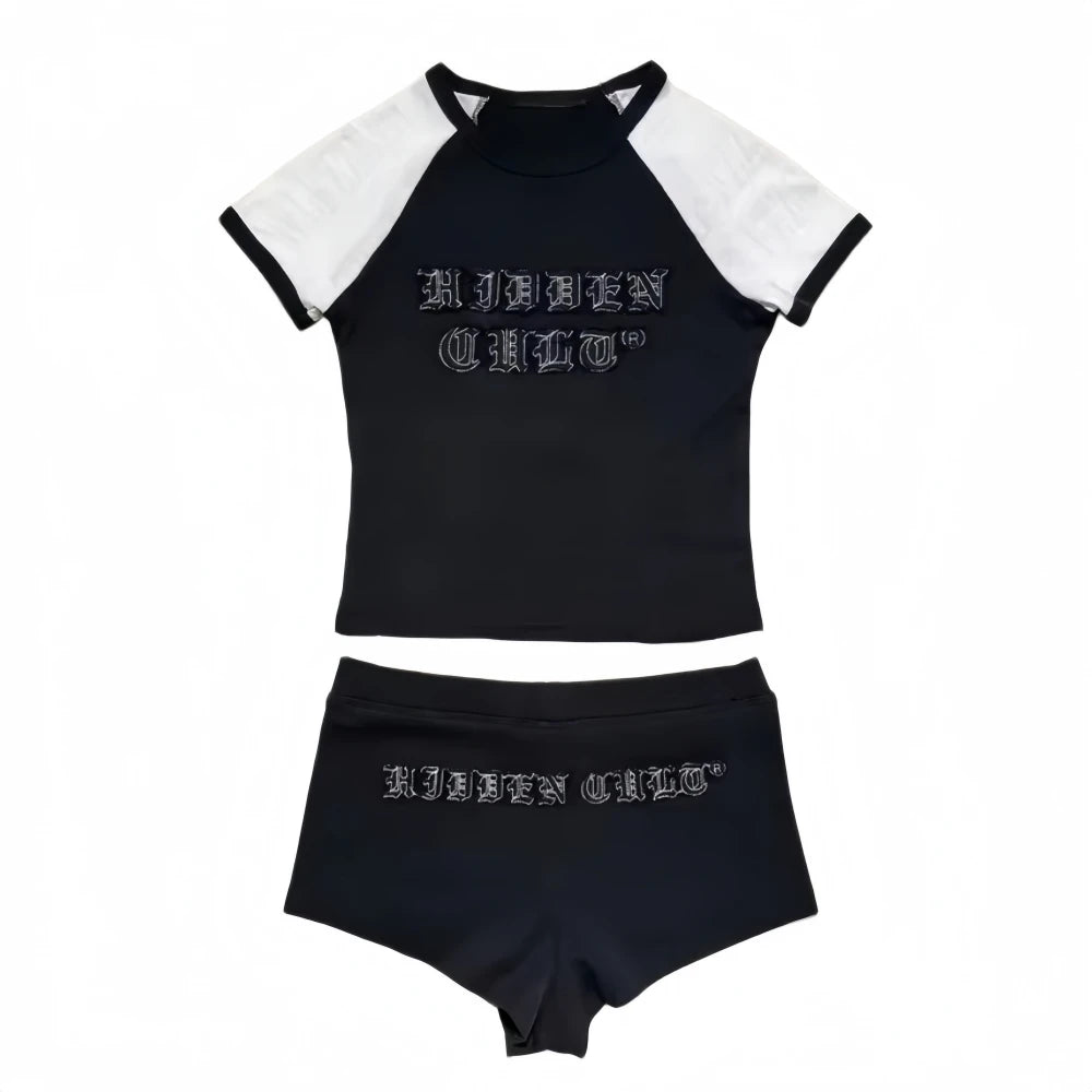 HLJ&GG Fashion Letter Y2K Shorts Two Piece Sets Women Round Neck Slim Crop Top And Shorts Outfits Summer New Hot Girl Streetwear