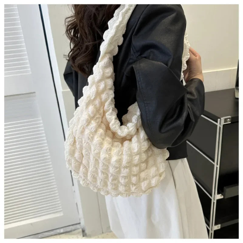 Fashion Pleated Design Shoulder Bag Cute Pleated Bubbles Solid Color Tote Bag Large Capacity Embroidered Satchel Bags Women