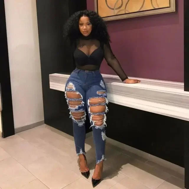 Hole Jeans Women Denim Pencil Pants Streetwear Washed Skinny Stretch High Waist Distressed Ripped Ankle Length Trousers 2025