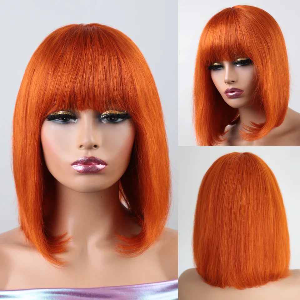 Orange Blonde Short Cut Straight Bob Wigs Rebecca With Bangs Red 99J Human Hair Brazilian Straight Machine Made Human Hair Wigs