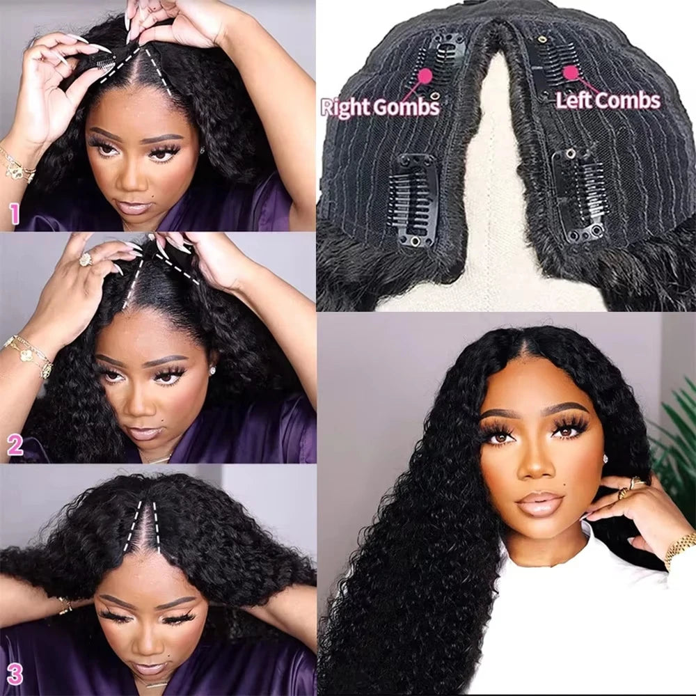 Curly Wigs V Part Human Hair Wigs for Black Women Water Wave Wigs Glueless V Shape Wigs Beginner Friendly In Natural Color