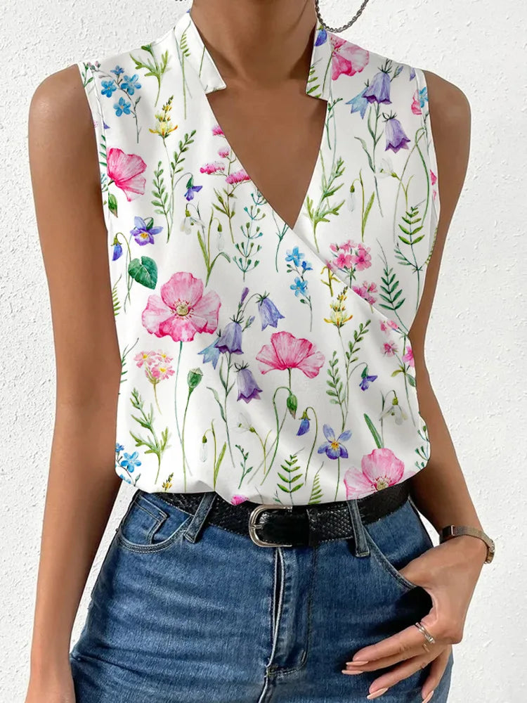 New Tees Women's 2024 Summer Slim V-neck Sexy Simple Style Printing T-shirts Sleeveless Vintage Casual Temperament Ladies Tops