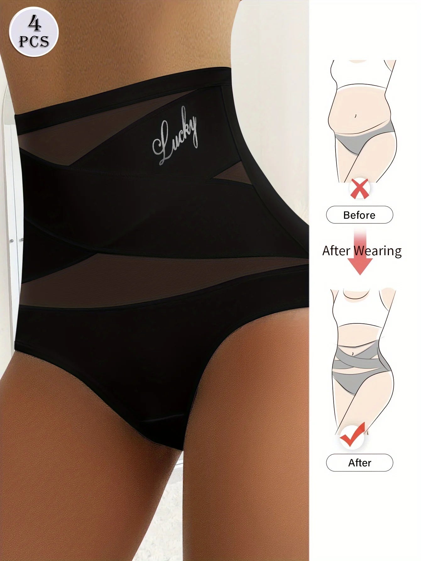 4-Pack High-Waisted Tummy Control Women'S Briefs, Breathable Mesh, Crossed Compression Fiber, Seamless Shaping Underwear,