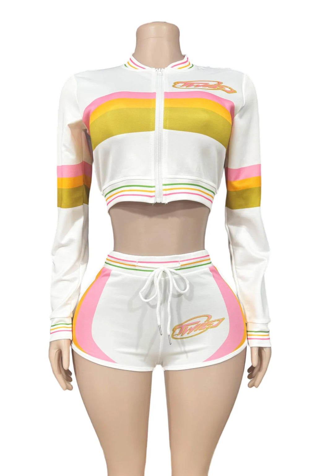 HLJ&GG Fashion Trend Y2K Striped Patchwork Two Piece Sets Women Zip Long Sleeve Crop Top + Shorts Outfits Female 2pcs Streetwear