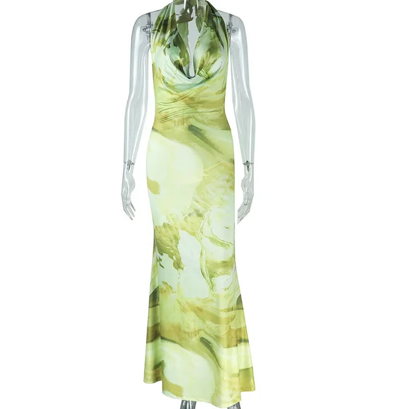 Women Sleeveless Ruched Halter V-neck High Waist Long Maxi Dress Print Birthday Night Club Party Vestidos Sexy Dresses