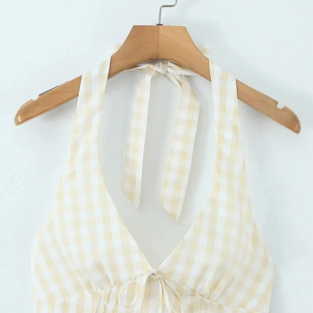 2025 Sexy Plaid Corset Style Bow Halter Sling Dress Women Lacing Up Bandage Back Slim Waist Mini Ball Gown Swing Dresses Robe