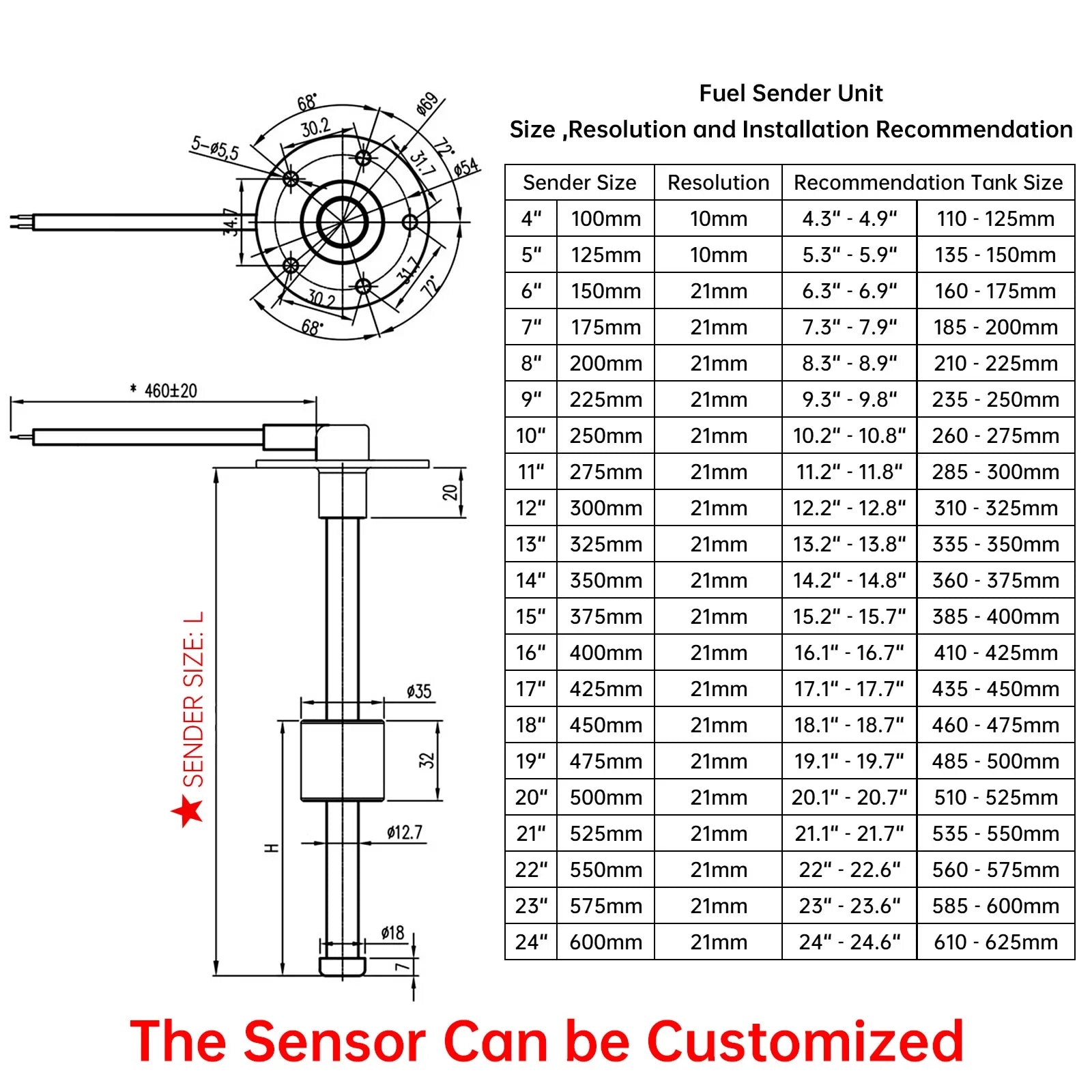 Red LED Digital 52mm 3In1 Gauge 0-190ohm Water Level Indicator+Sewage Level Gauge+Voltmeter for Water Waste Level Sensor Custom
