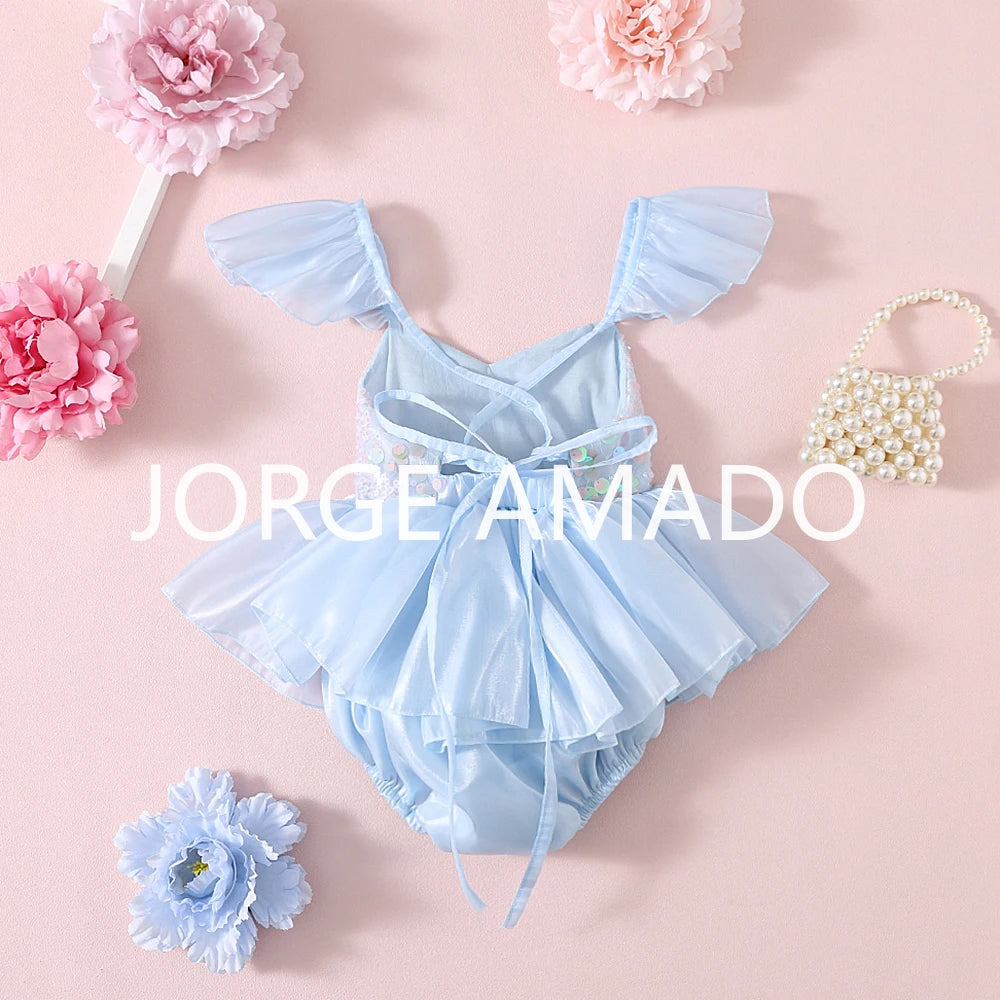 New Summer Bodysuit for Baby Girl Square Collar Sequined Large Bow Sleeveless Princess Jumpsuit Newborn Sweet Romper H1518