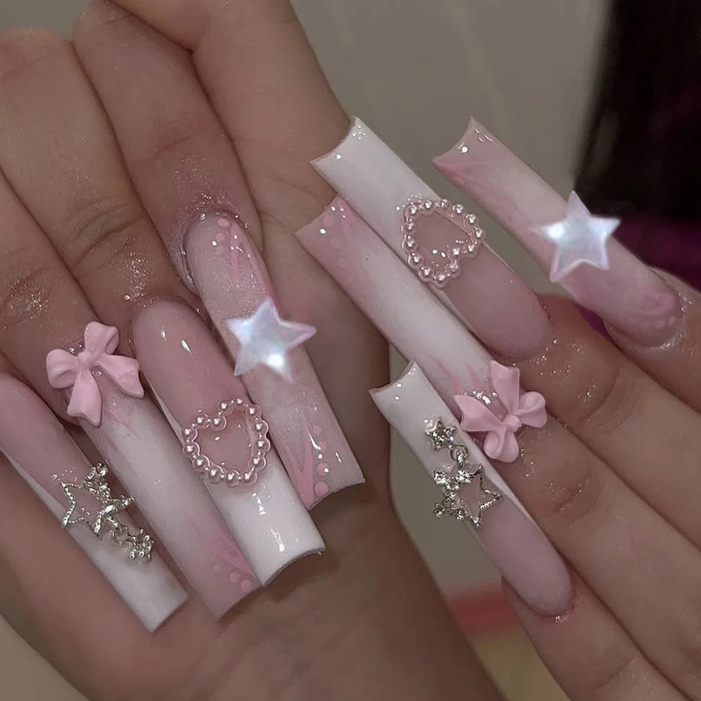 24pcs French Bow Press on Nails Extra Long Coffin Pink Sweet Nails Tips Love Pearl Diamond Fake Nail Square Ballet False Nail