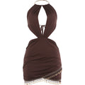 Kliou Sexy Fashion Dress Woman Metal Ring Halter Backless Sleeveless Beads Tassel Decoration Midnight Club Party Mini Bodycon