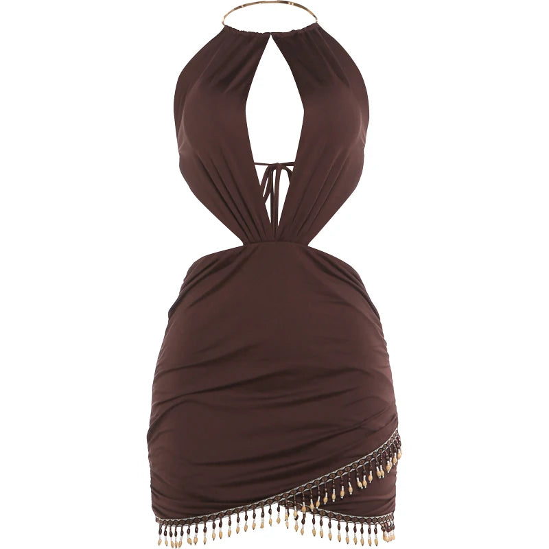 Kliou Sexy Fashion Dress Woman Metal Ring Halter Backless Sleeveless Beads Tassel Decoration Midnight Club Party Mini Bodycon