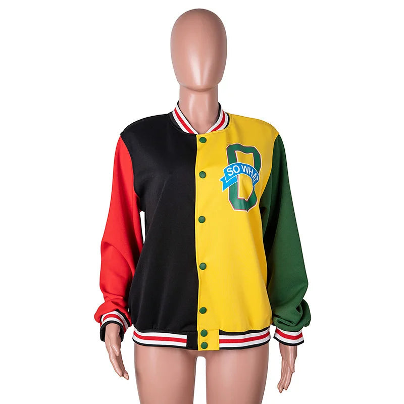 Women Patchwork Contrast Color Letter Embroidery Jackets 2025 Fashion Single Breasted Coat Female Full Sleeve Streetwear XS-4XL