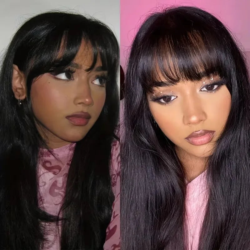 Human Hair Wigs with Bangs 32 Inches Full Machine Made Hair Wig Bone Straight 200 Density Glueless Wig Human Hair Non Lace Wig