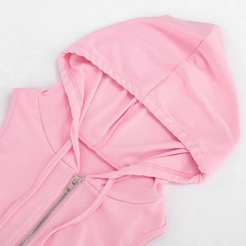 Women Solid Casual 2 Piece Set Tracksuits Zip-up Sleeveless Hooded Tanks Tops + Zippers Bodycon Mini Skirts Streetwear Suits