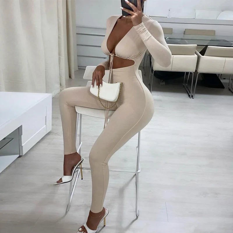 Summer Y2K Streetwear Women's Sexy Hollow Out Jumpsuits Bandage Tie Long Sleeve Bodycon Playsuits Women Clothes Gothic Rompers