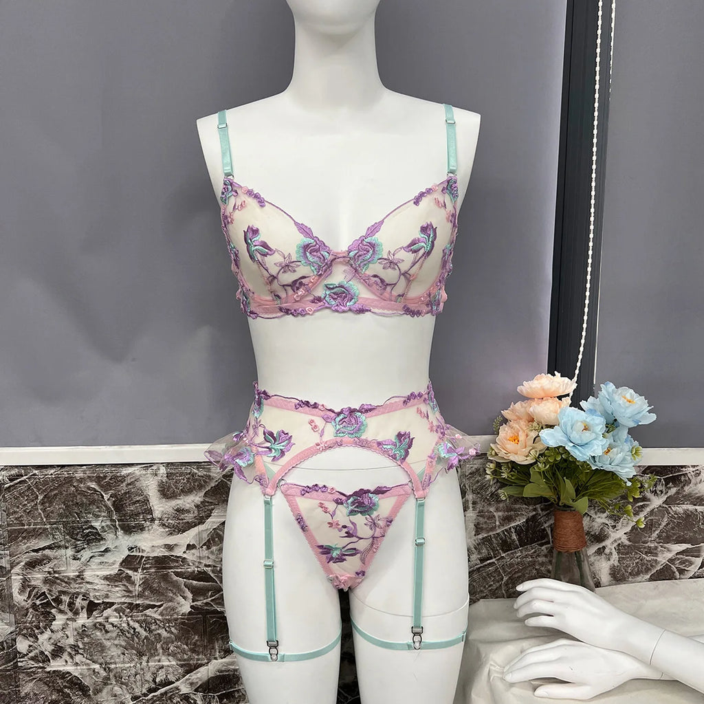Diccvicc Embroidery Floral Lingerie See Through Sexy Lace Women Underwear Bra Thong Set Fancy Garter Intimate Kit Exotic Outfit