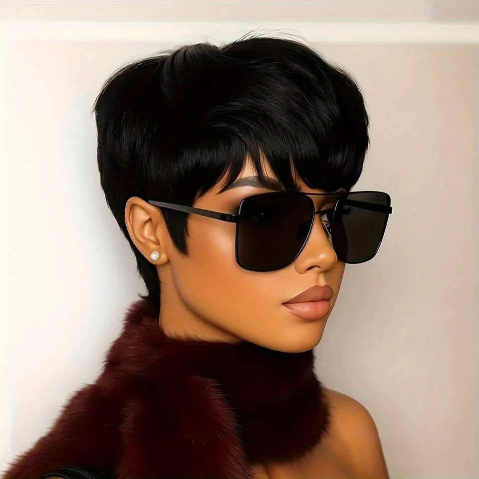 short straight human hair wig for women daily party use wig machine made pixie wig black color pixie cut wig