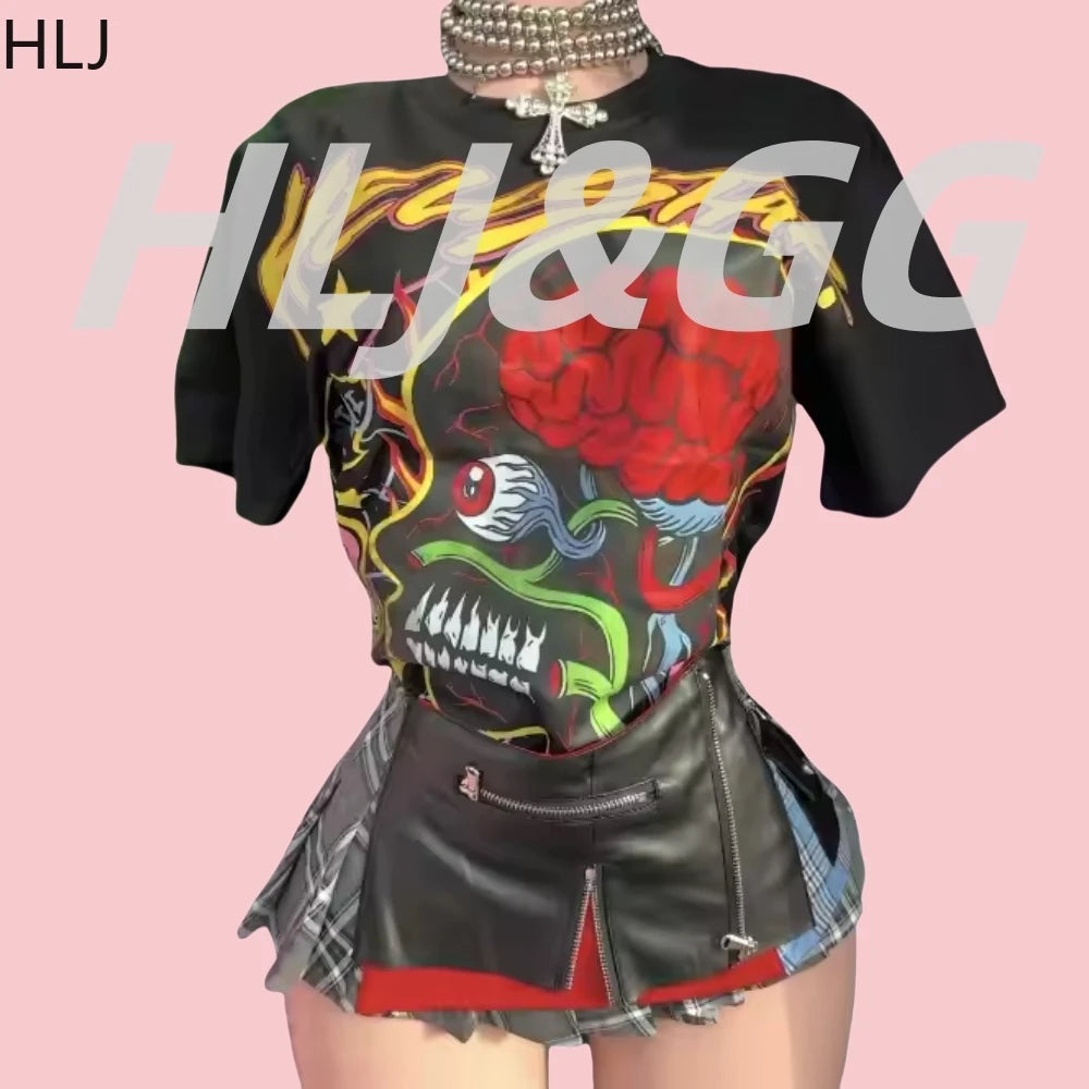HLJ Trend Fashion Pattern Printing Tshirts Two Piece Sets Women Short Sleeve Top+Irregular Plaid Mini Skirts Outfits Streetwear