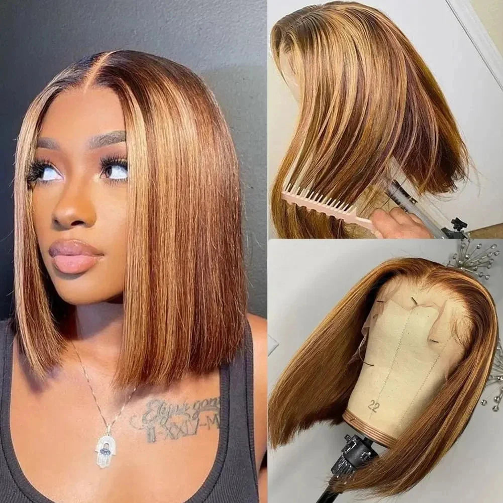 Straight Highlight Ombre Bob Wigs Human Hair 4/27 Honey Brown 13x4 Transparent Lace Front Human Hair Brazilian Wig Density200%