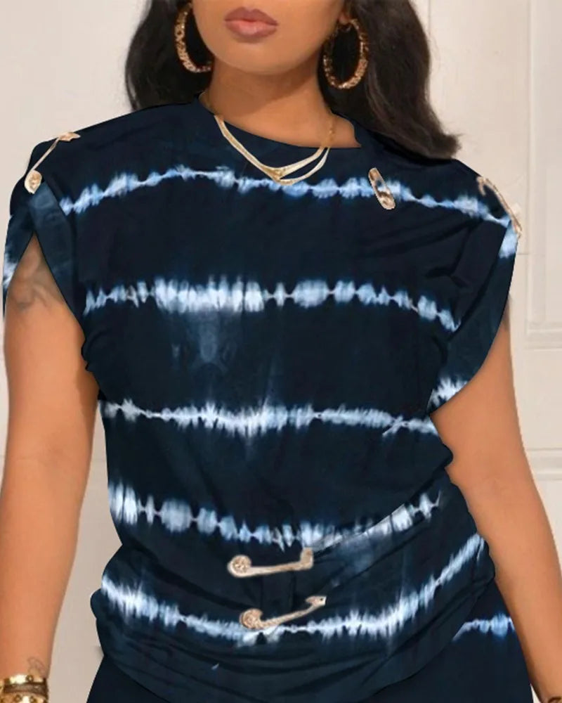 Women Leisure Pin Digital Printing Set O Neck Short Sleeve T-shirt And Shorts 2 Pieces Sets Summer Top + Short Pant 2 PCS Suits