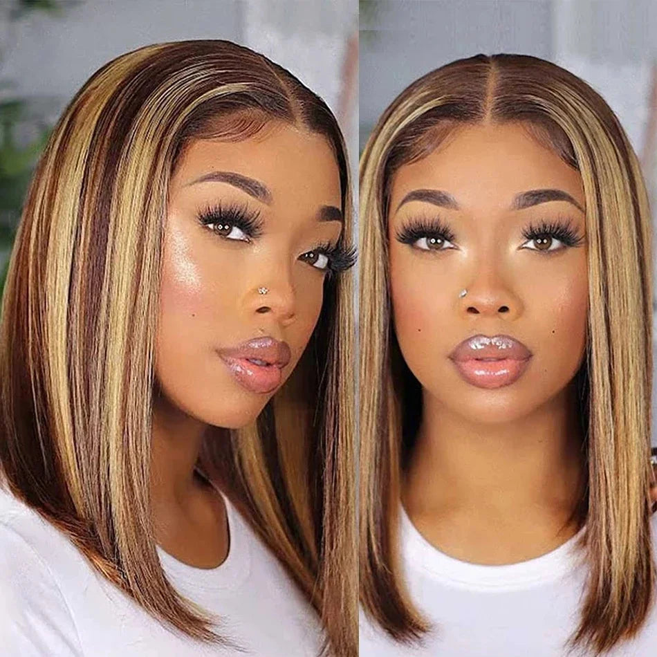Straight Highlight Ombre Bob Wigs Human Hair 4/27 Honey Brown 13x4 Transparent Lace Front Human Hair Brazilian Wig Density200%