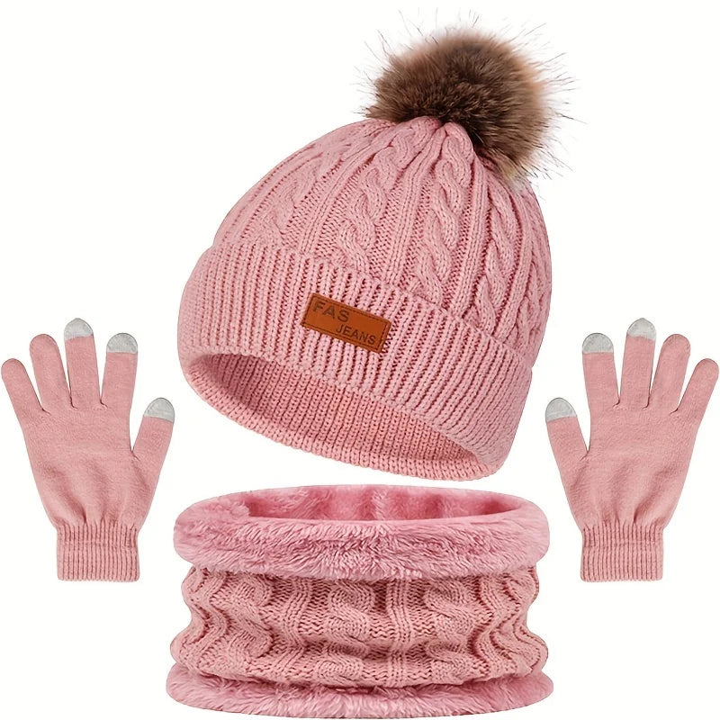 Warm & Soft Winter Fleece Knitted Hat Scarf Touch Screen Gloves 3Pcs Set Perfect Ear & Neck Warmer for Skiing Hat Outdoor Sports