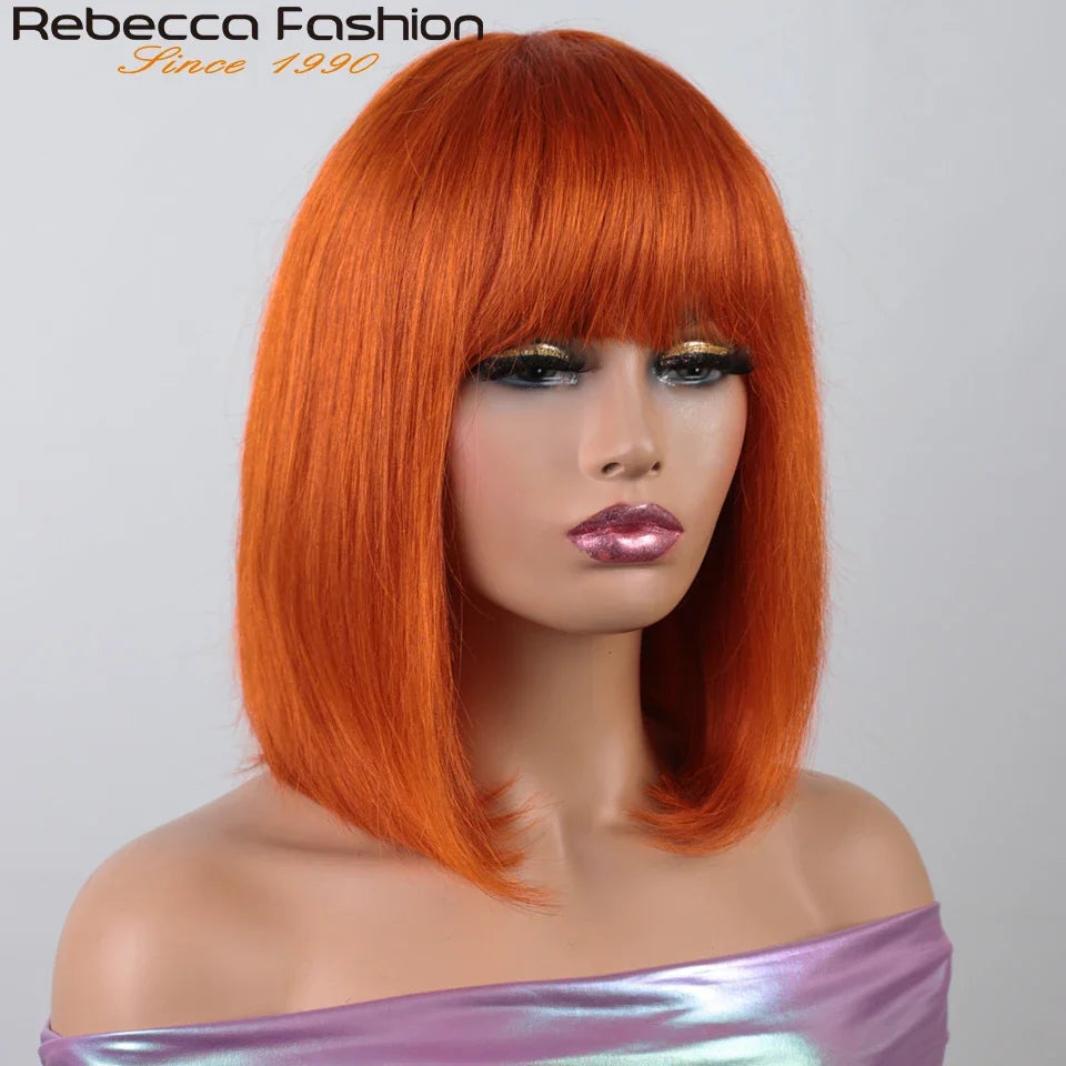 Orange Blonde Short Cut Straight Bob Wigs Rebecca With Bangs Red 99J Human Hair Brazilian Straight Machine Made Human Hair Wigs