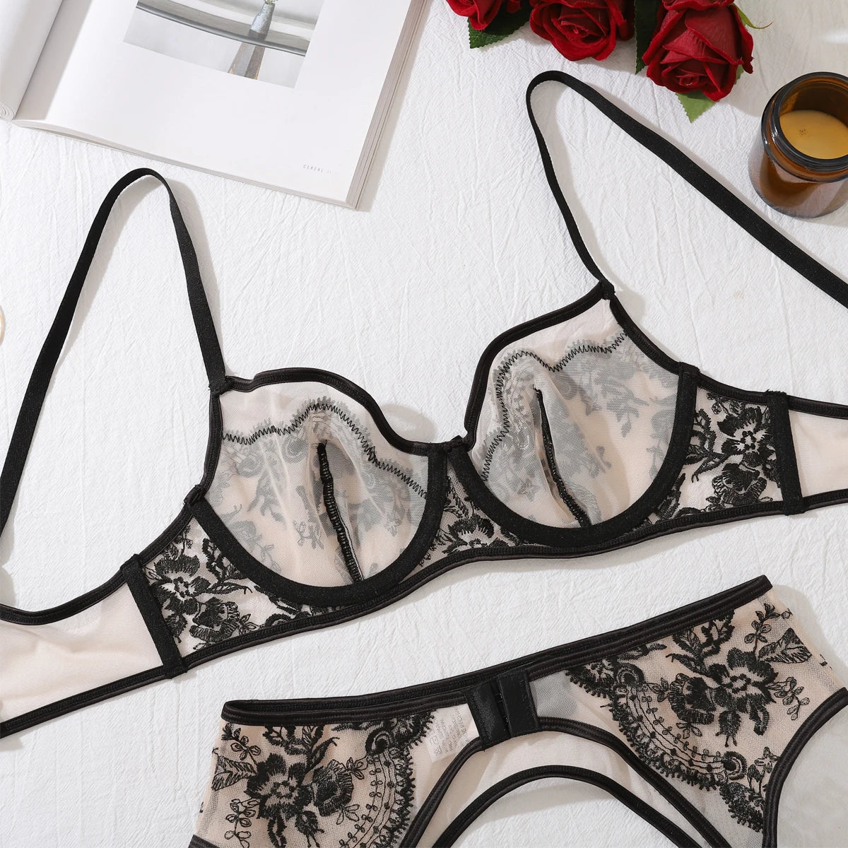 MUZISKAT 4 Piece Set Flower Embroidery Underwear Set For Women Solid Color Mesh See-through Sexy Lace Garters Underwear Set New