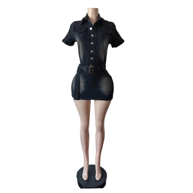 New Women Fashion Denim Dresses Belt Stretch Washed Short Dresses Sexy Girls Mini Denim Dresses Women Casual Summer Clothes