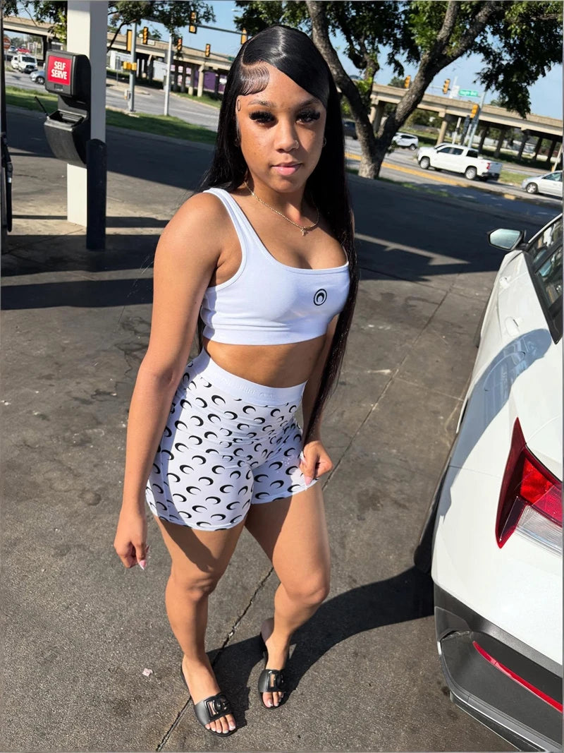 Crop Top 2 Piece Set Women Sleeveless Top & Shorts Summer Moon Printed Sports Club Party Streetwear Outfit