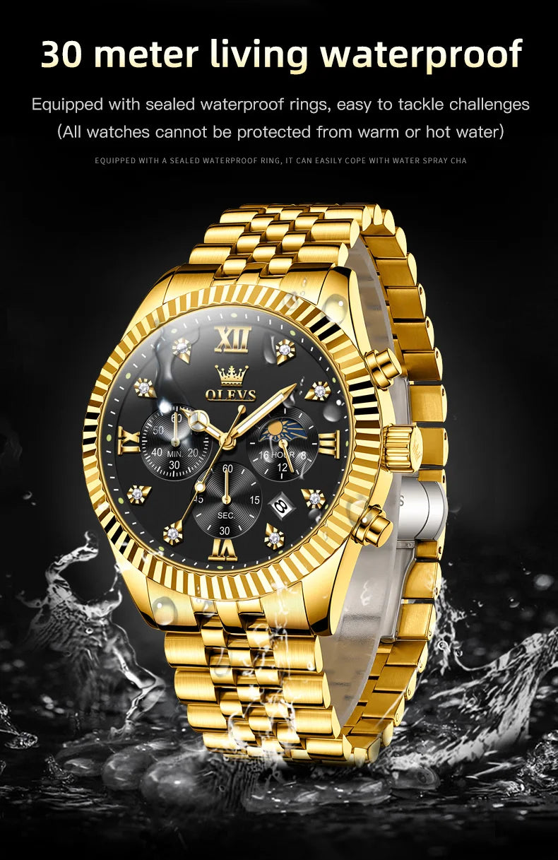 OLEVS Brand Luxury Gold Black Quartz Watch for Men Stainless Steel Waterproof Luminous Date Week Fashion Men Watches Reloj Hombr