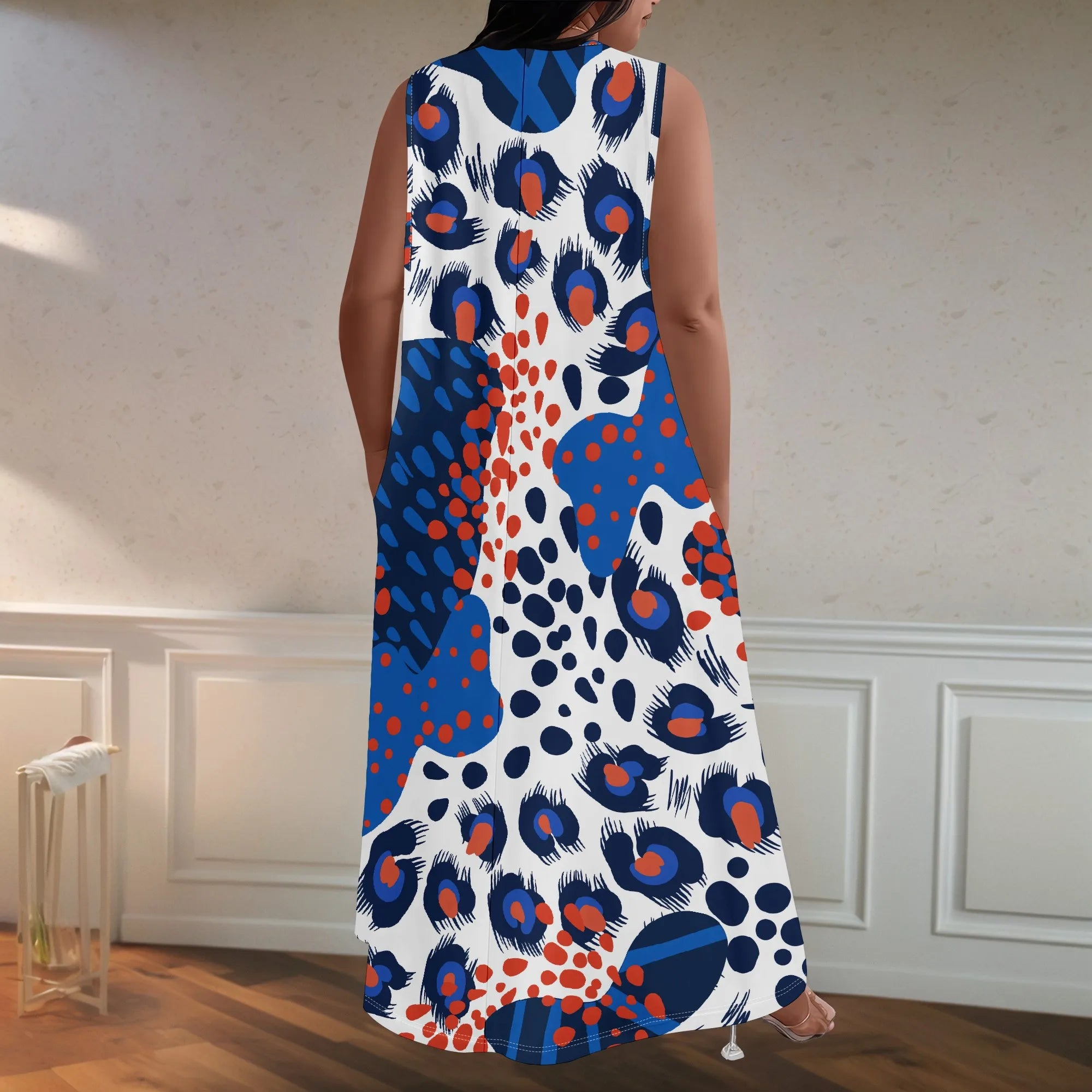 Plus Size Women's  Summerl Fashion Printed  African Style Sleeveless Round V Neck Dress Loose And Casual Dress