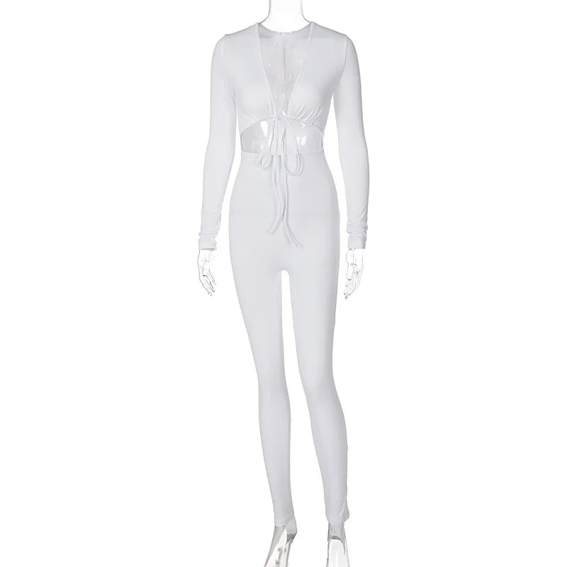Summer Y2K Streetwear Women's Sexy Hollow Out Jumpsuits Bandage Tie Long Sleeve Bodycon Playsuits Women Clothes Gothic Rompers