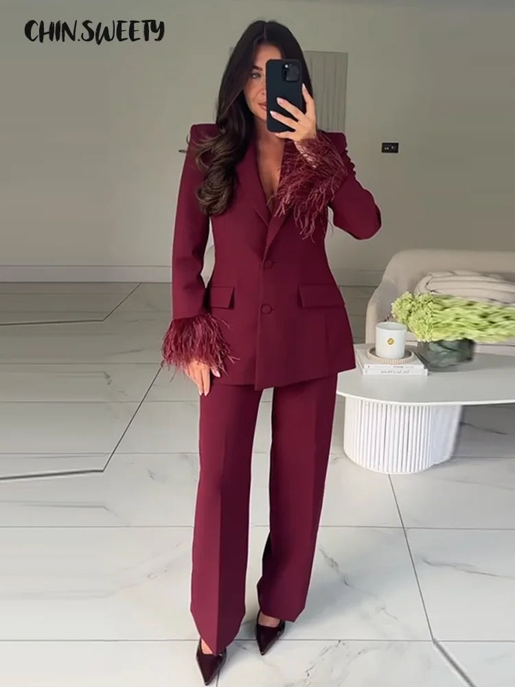 Elegant Feathers Women Blazer Pants Suit Lapel Button Coat Straight Wide Leg Trousers Lady Set 2026 Spring Female Outfits