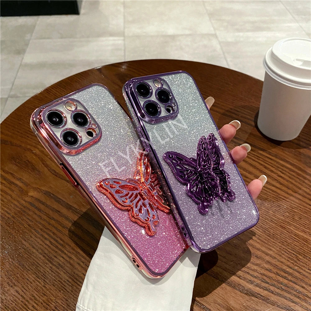3D Butterfly Phone Holder Bead Bracelet Glitter Plating Case For iPhone 16 15 13 12 11 14 Pro Max XS Max XR 7 8 Plus Stand Cover