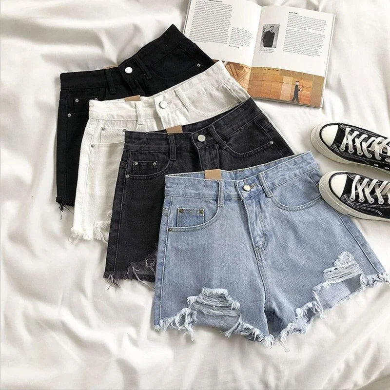 Korean Denim Holes Shorts For Women Fashion High WaistWide Leg Short Jeans Female Designer Casual Street Short 2026 New