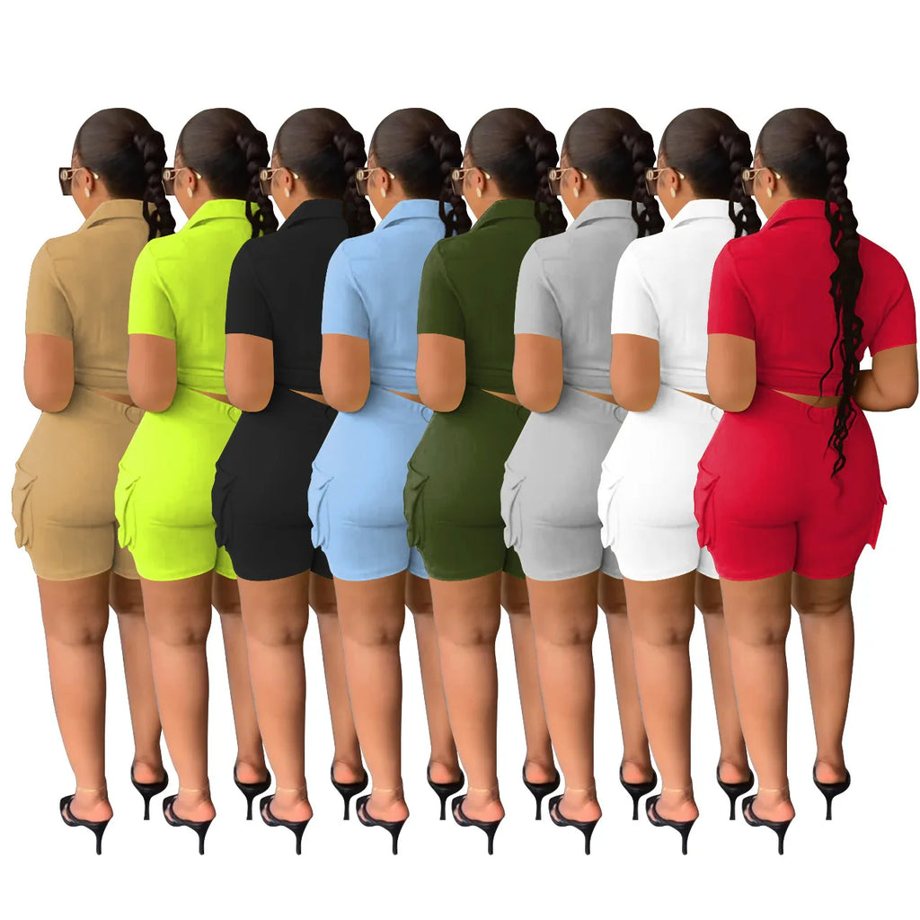 Women Shorts Two Piece Set Turn Down Collar Shirt Button Lace Up High Waist Short Sets Pockets Elegant Lady Streetwear Suit