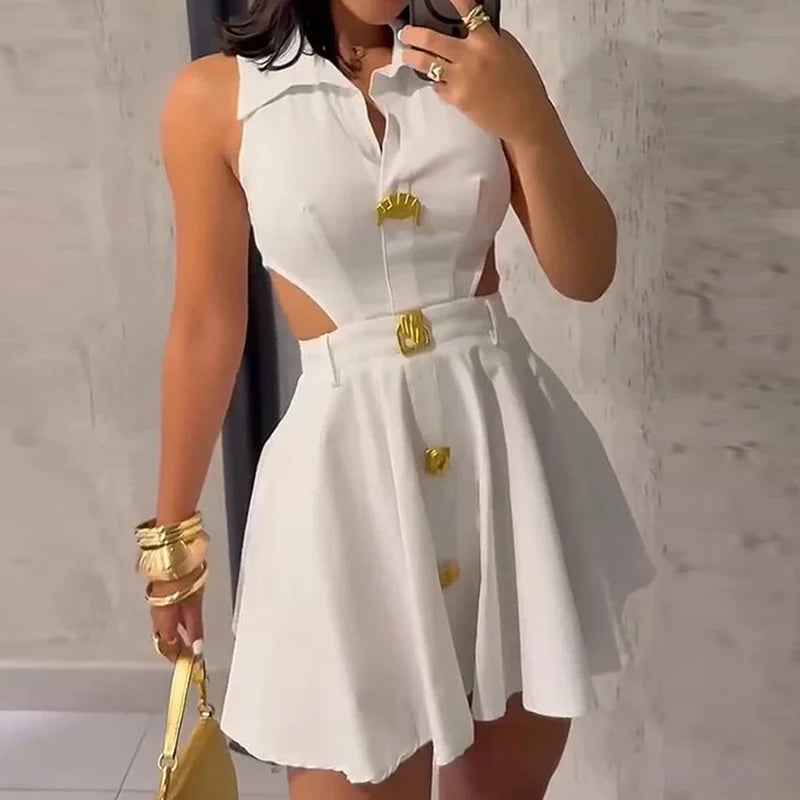 Elegant Stylish Sleeveless A-Line Mini Dress Women Sexy Hollow Out Club Party Dresses For Women Summer Short Dress White Black