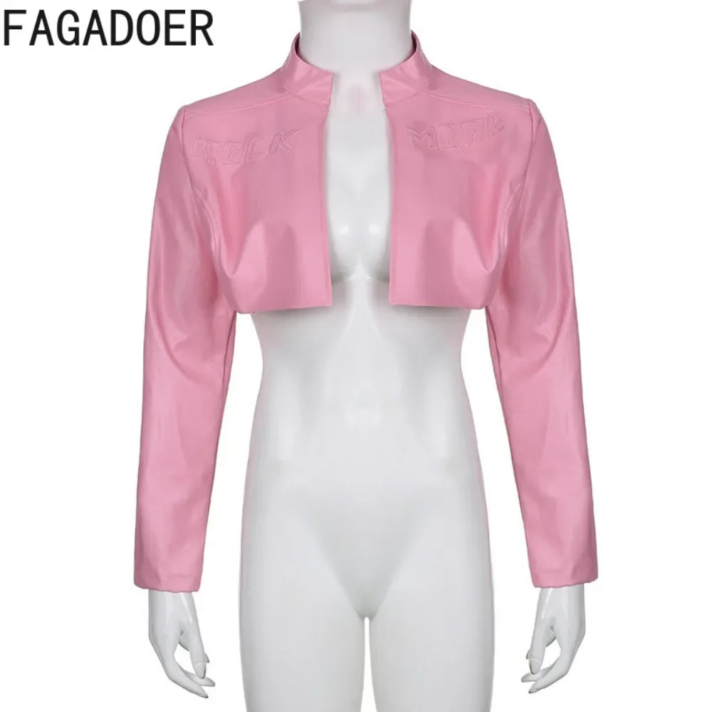 FAGADOER Y2k Punk Gothic Leather Jacket Women Cropped Lapel Letter Embroidery Moto Jackets Coat Short Female Streetwear 2025 New