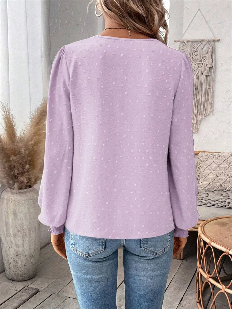 Elegant Hollow Out Lace Decoration Shirt Women Deep V Neck Pullover Blouse Female Solid Color Jacquard Lantern Long Sleeve Tops