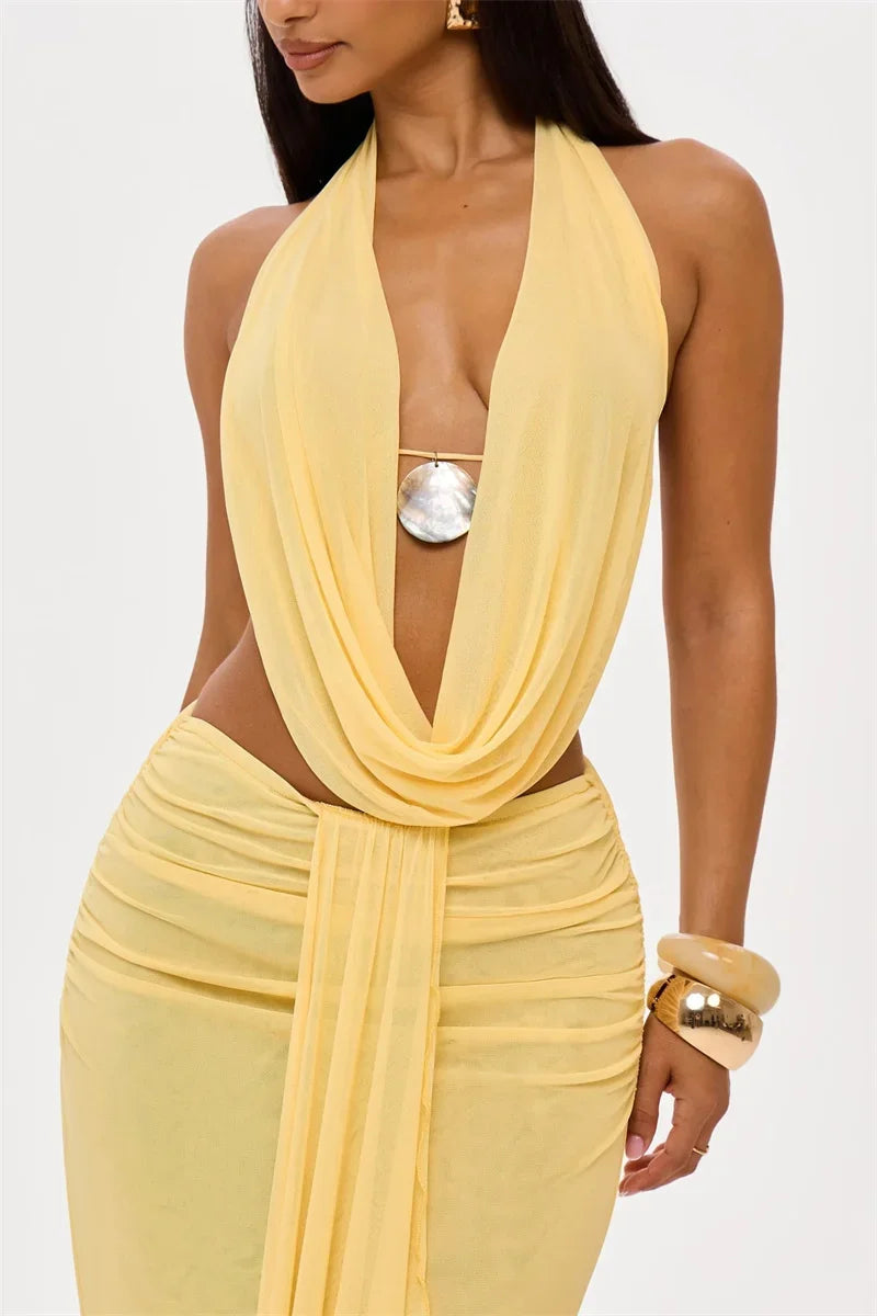 Sexy Dress Set Women Halter Crop Top And Maxi Skirt Matching Sets Female Elegant Beach Club Party Skirt Two Piece Set